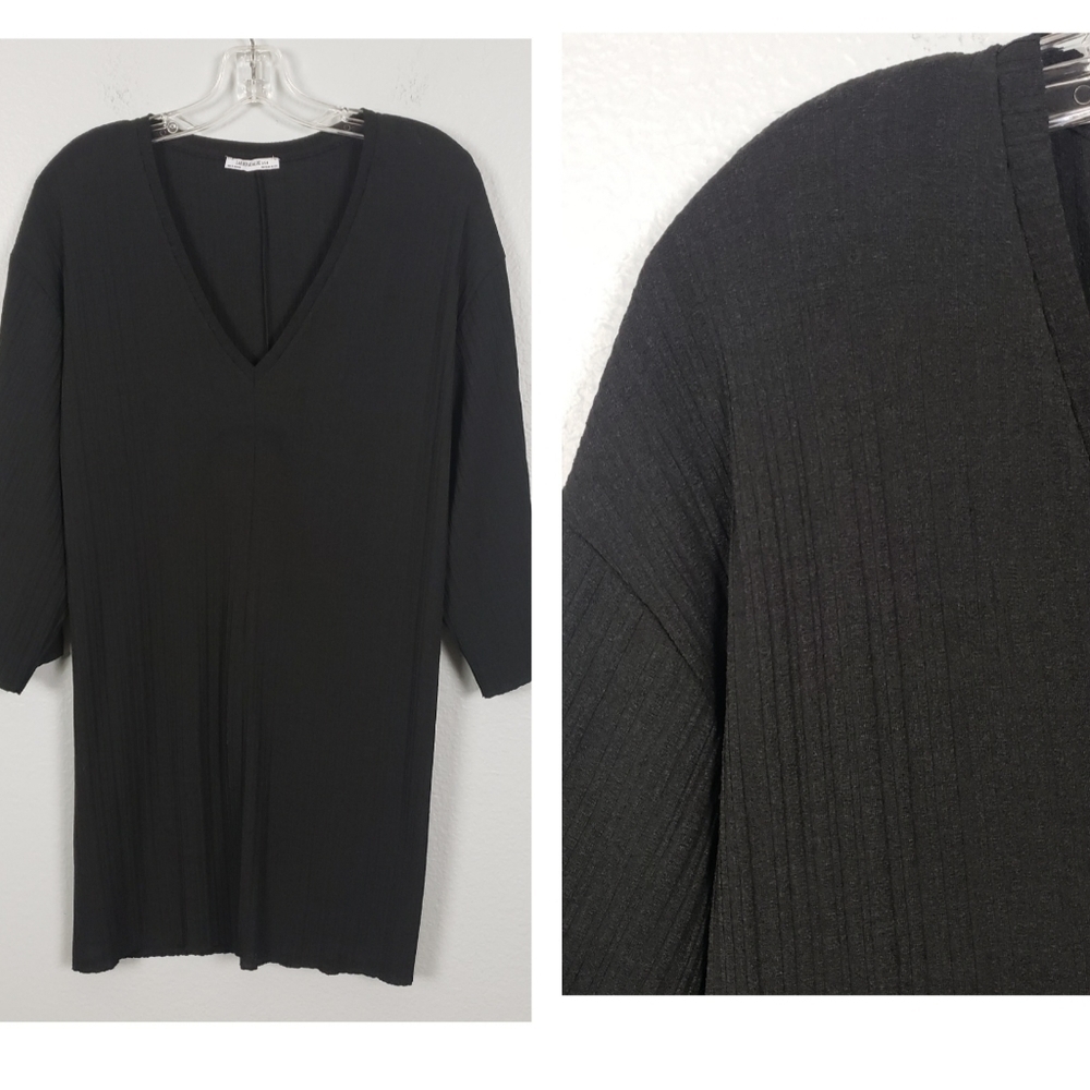 ZARA TRAFALUC Pleated Longline Tunic Oversized V-neck Top Black Sz M